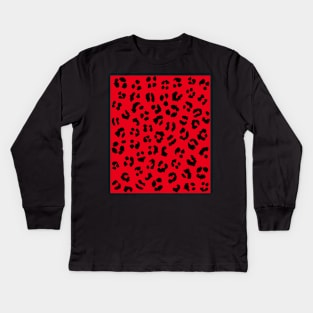 Red and Black Leopard Spots Print Kids Long Sleeve T-Shirt